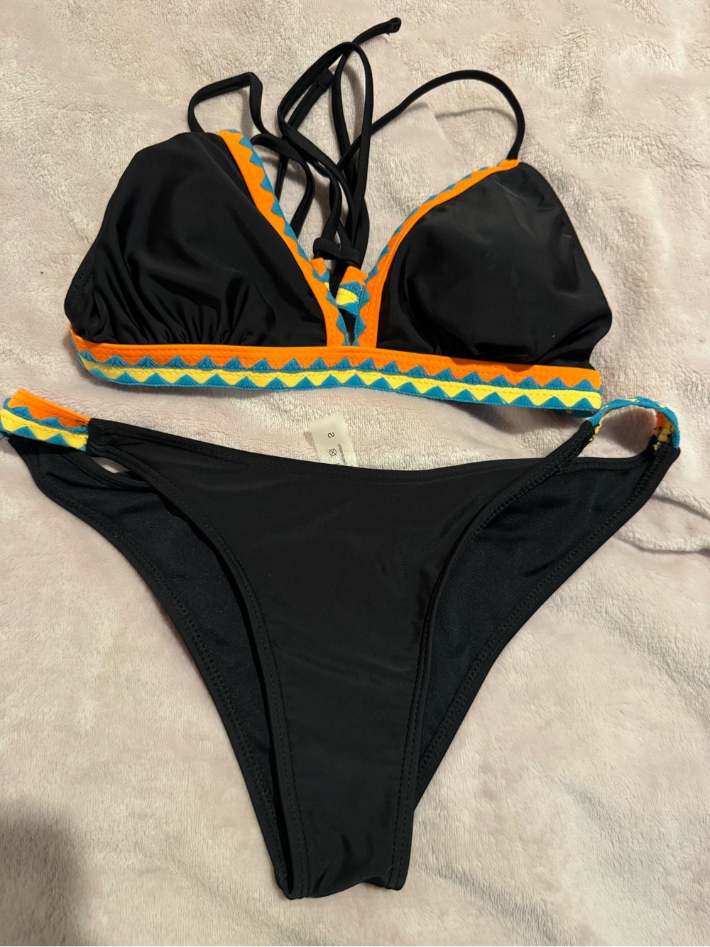 SHEIN Black Bikini Set with Orange and Teal Trim